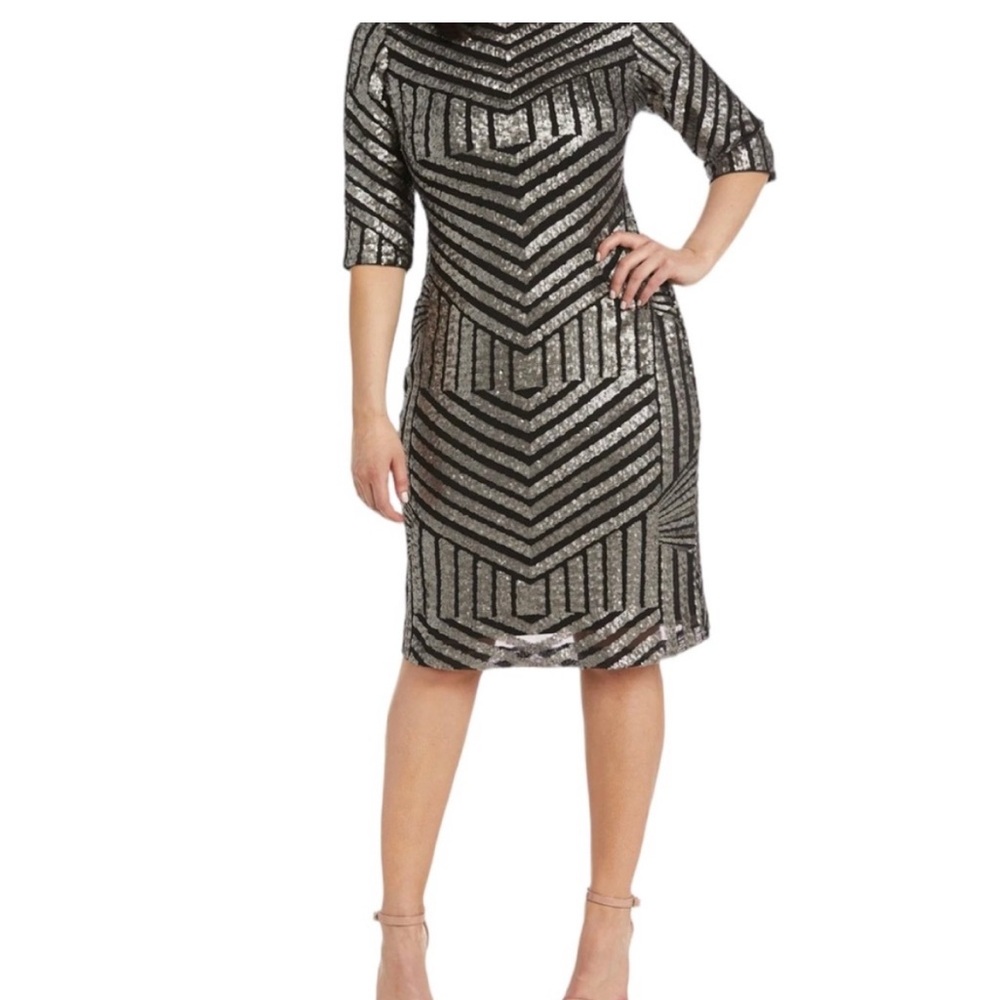 R & M Richards Black and Silver Geometric Design Midi Dress